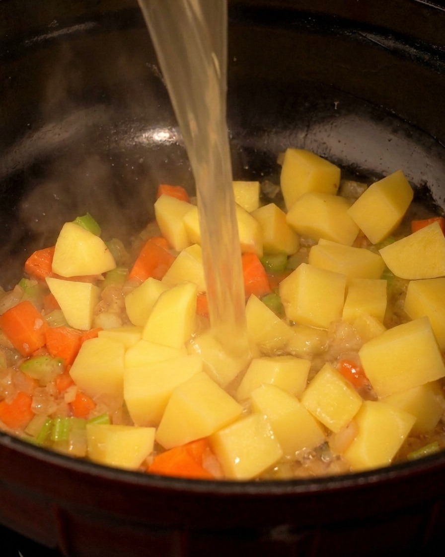 Klare Hühnerbrühe wird in einen Topf mit Kartoffeln, Karotten, Sellerie und Zwiebeln gegossen.