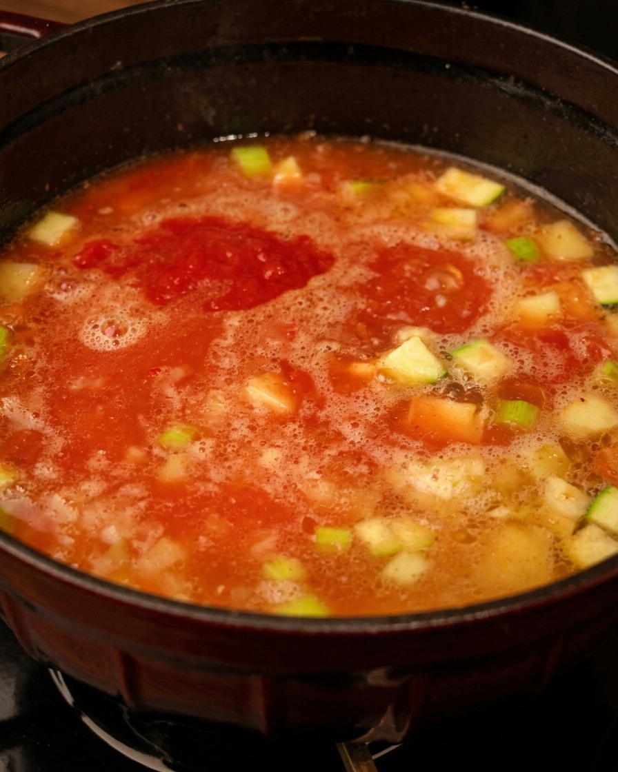 Ein Klecks rotes Tomatenpüree auf der Oberfläche der Suppe mit Gemüse.
