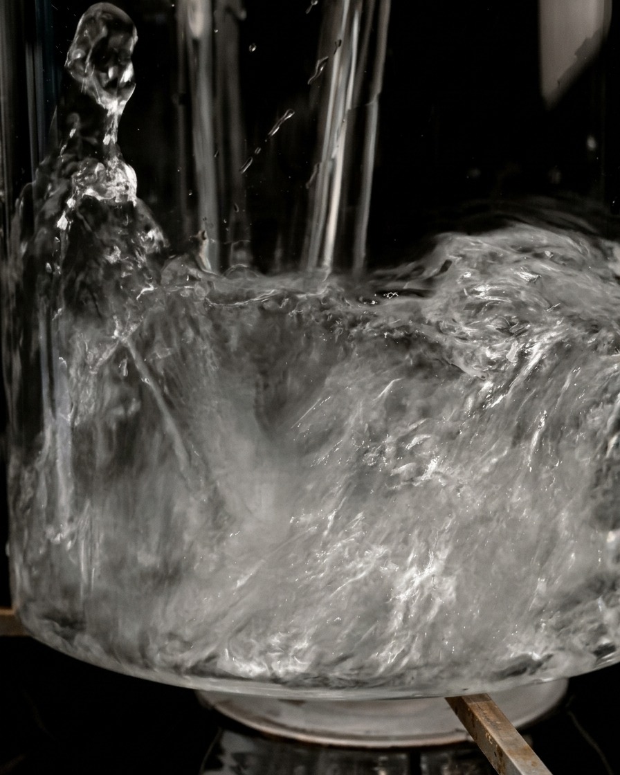 Wasser spritzt in einen klaren Glastopf vor dunklem Hintergrund.