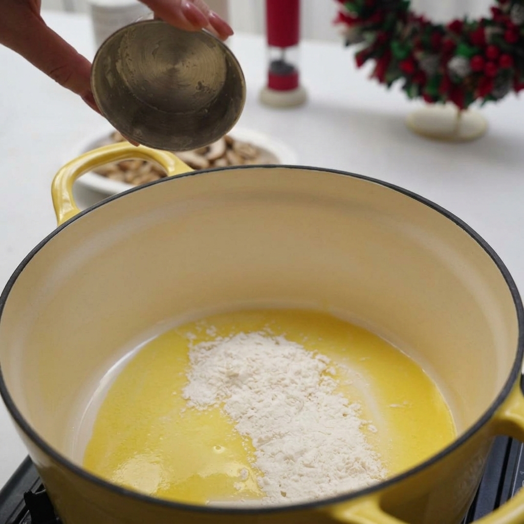Mehl wird aus einem Metallbecher in geschmolzene Butter in einem gelben Topf gegeben.
