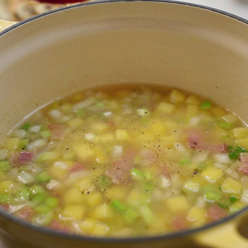 Köchelnde Brühe mit Kartoffeln und Speck, bestäubt mit frisch gemahlenem schwarzem Pfeffer.