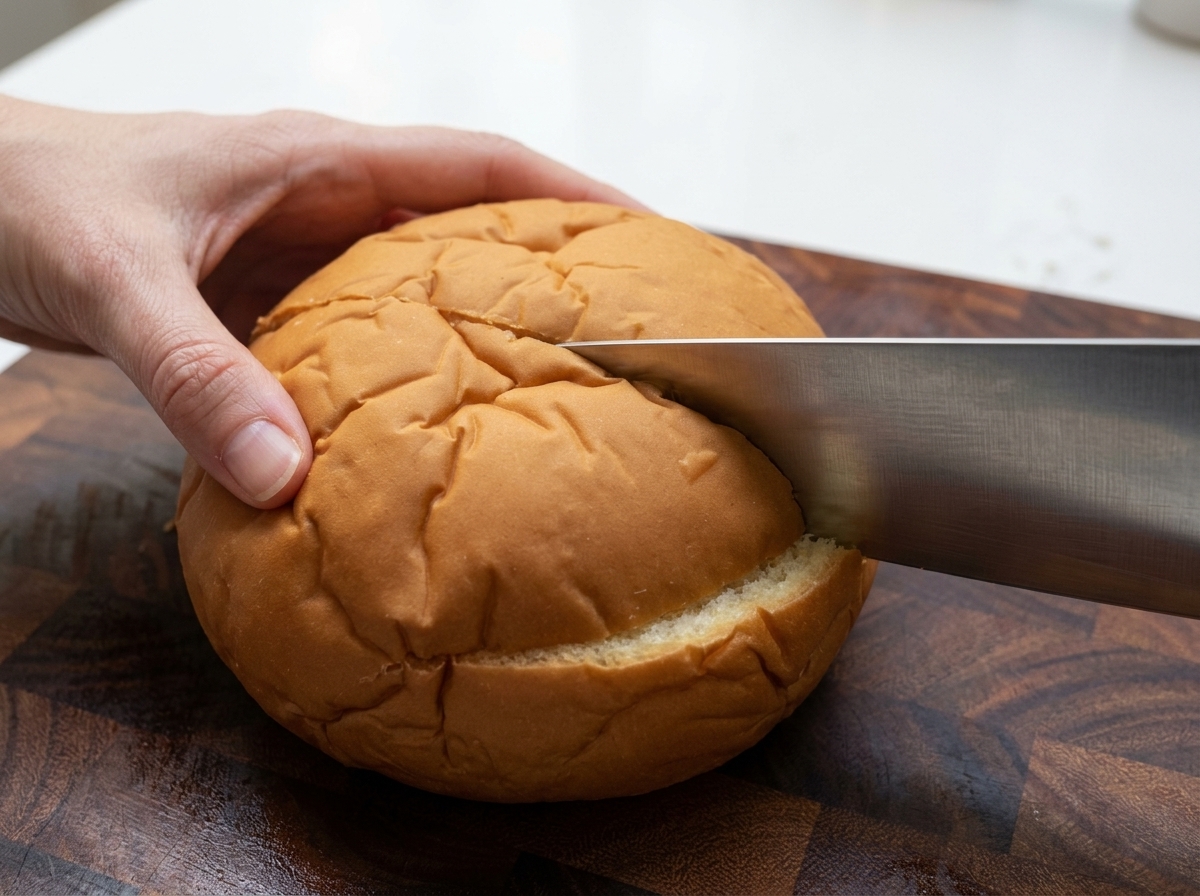 Eine Hand schneidet den Deckel eines runden Brotlaibs auf einem dunklen Holzbrett ab.