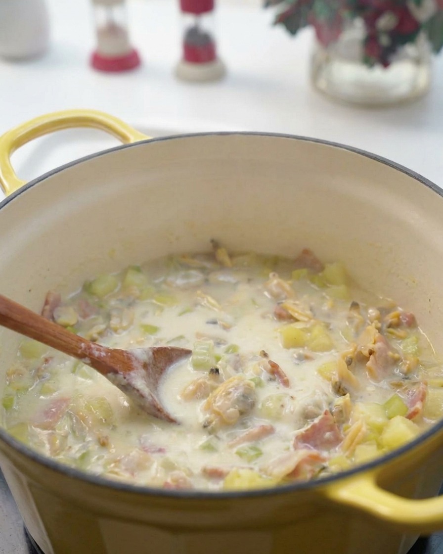 Eine glatte, dicke weiße Sauce wird in einem stetigen Strom in den Topf mit der Suppenbasis gegossen.