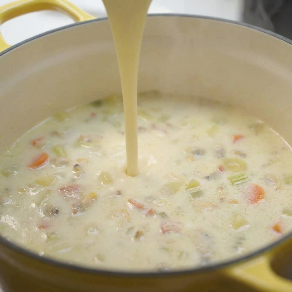 Ein Holzlöffel rührt die cremige Suppe mit sichtbaren Stücken von Muscheln, Speck und Kartoffeln.