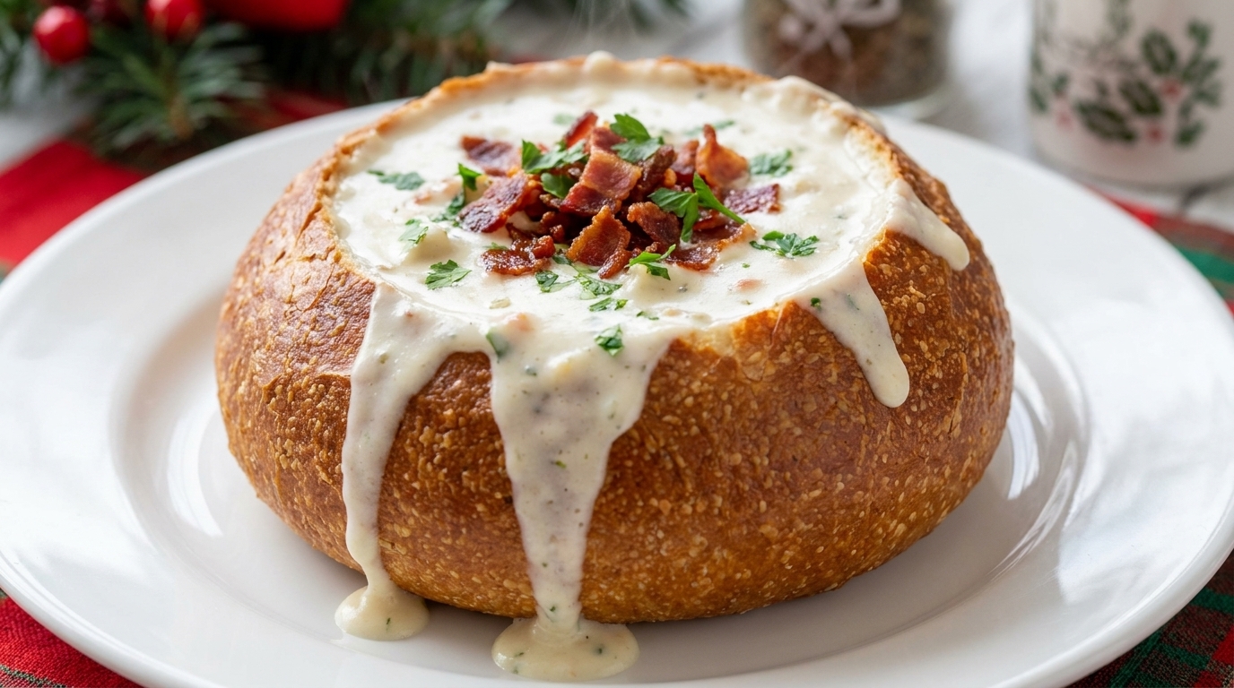 Klassische Boston Clam Chowder im Brotlaib