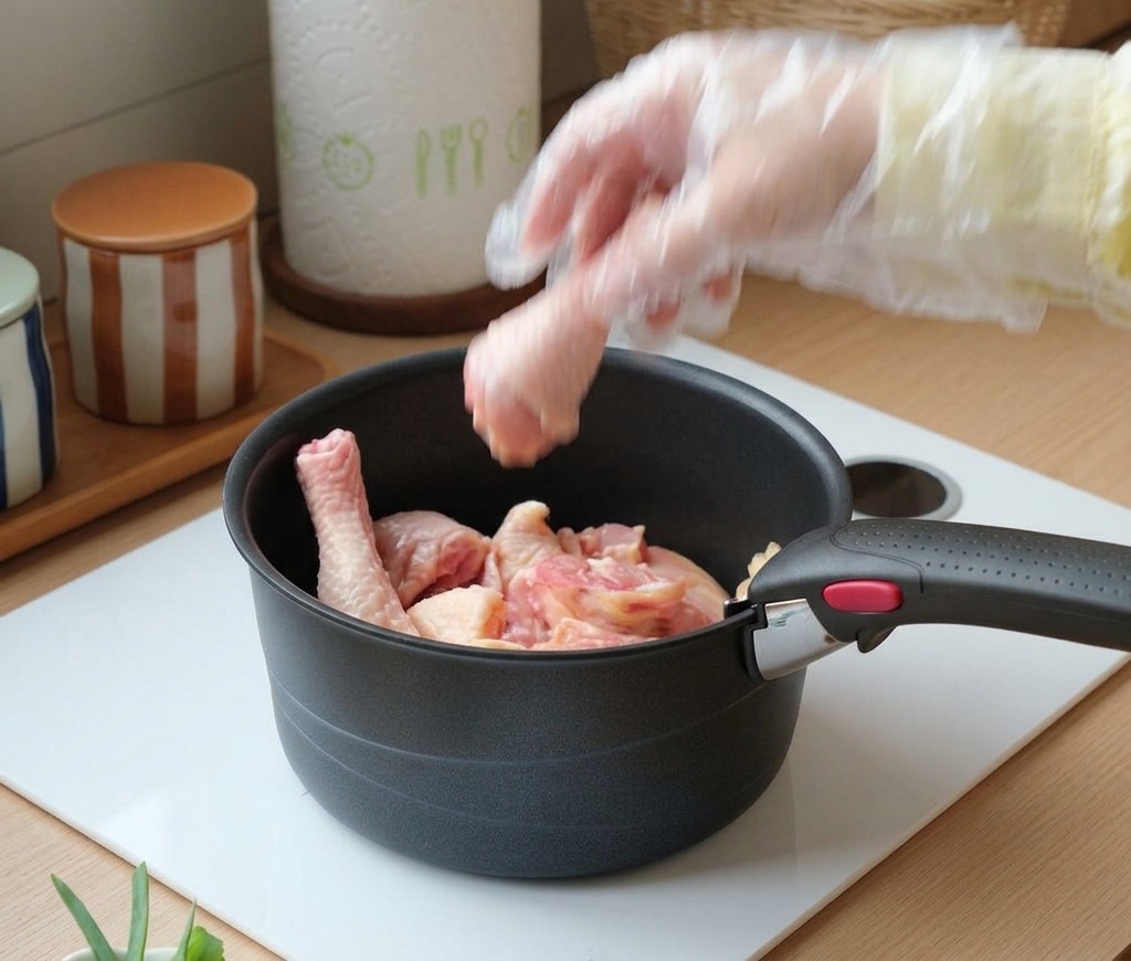 Eine Hand mit Handschuh legt rohe Hähnchenunterkeulen in einen schwarzen Kochtopf.
