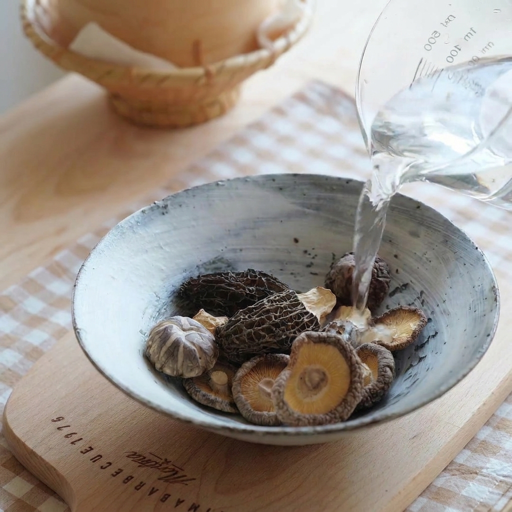 Warmes Wasser wird über getrocknete Morcheln und Shiitake-Pilze in einer Keramikschüssel gegossen.