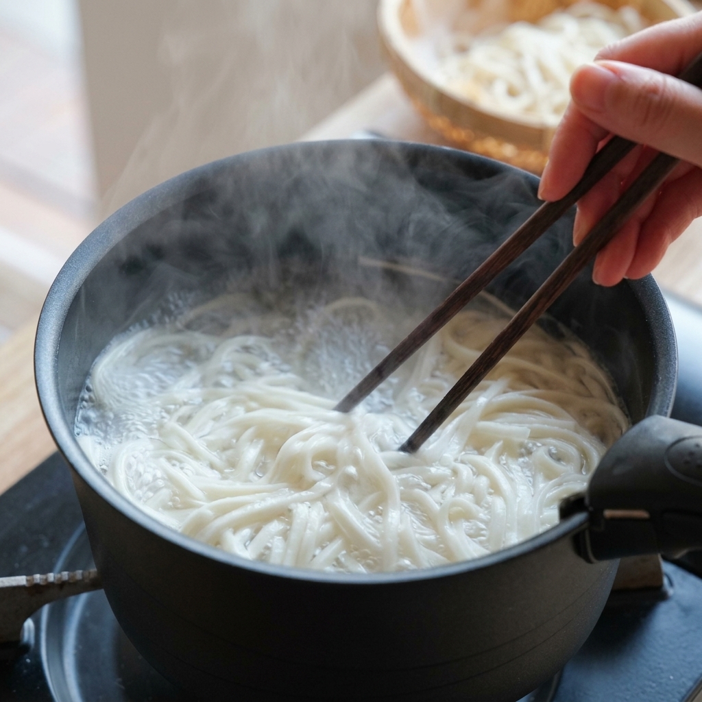 Weiße Nudeln kochen in einem Topf und werden mit Stäbchen umgerührt.