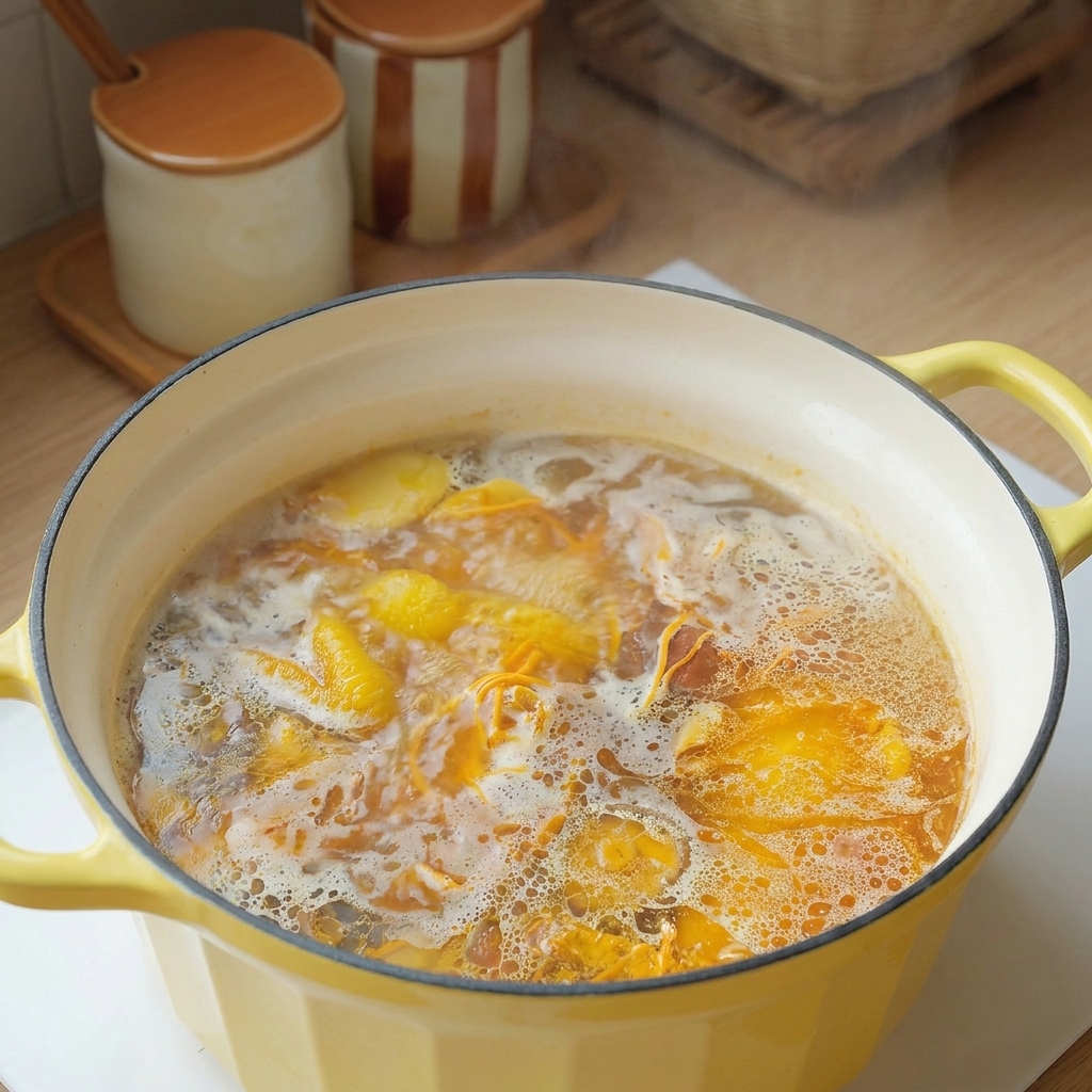 Goldene Hühner- und Pilzbrühe brodelt leicht in einem gelben gusseisernen Topf.