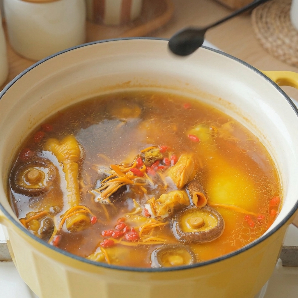 Ein kleiner schwarzer Löffel gibt Salz in die goldene Hühnersuppe.