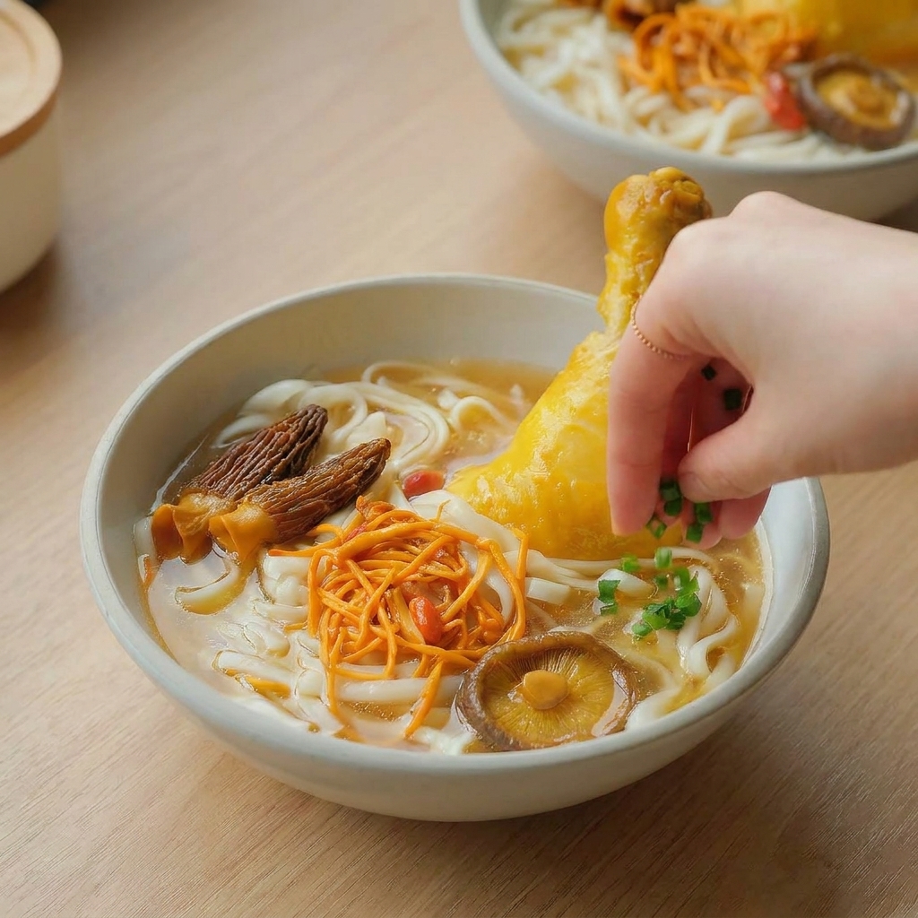 Frisch gehackte Frühlingszwiebeln werden über eine dampfende Nudelsuppe gestreut.