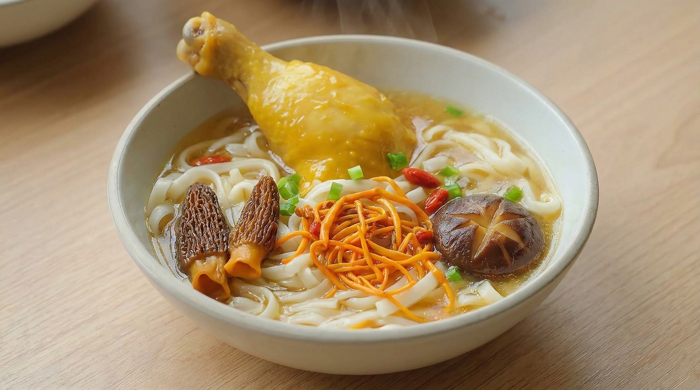 Goldene Hühnersuppe mit Morcheln und Cordyceps-Blüten