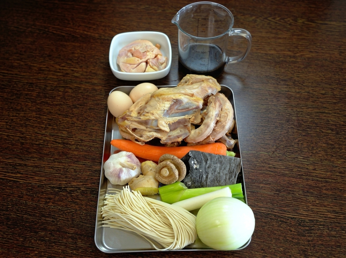Ein Tablett mit einer blanchierten Hühnerkarkasse, frischem Gemüse, Gewürzen, rohen Nudeln, Eiern und einer Schale dunkler Sojasauce.