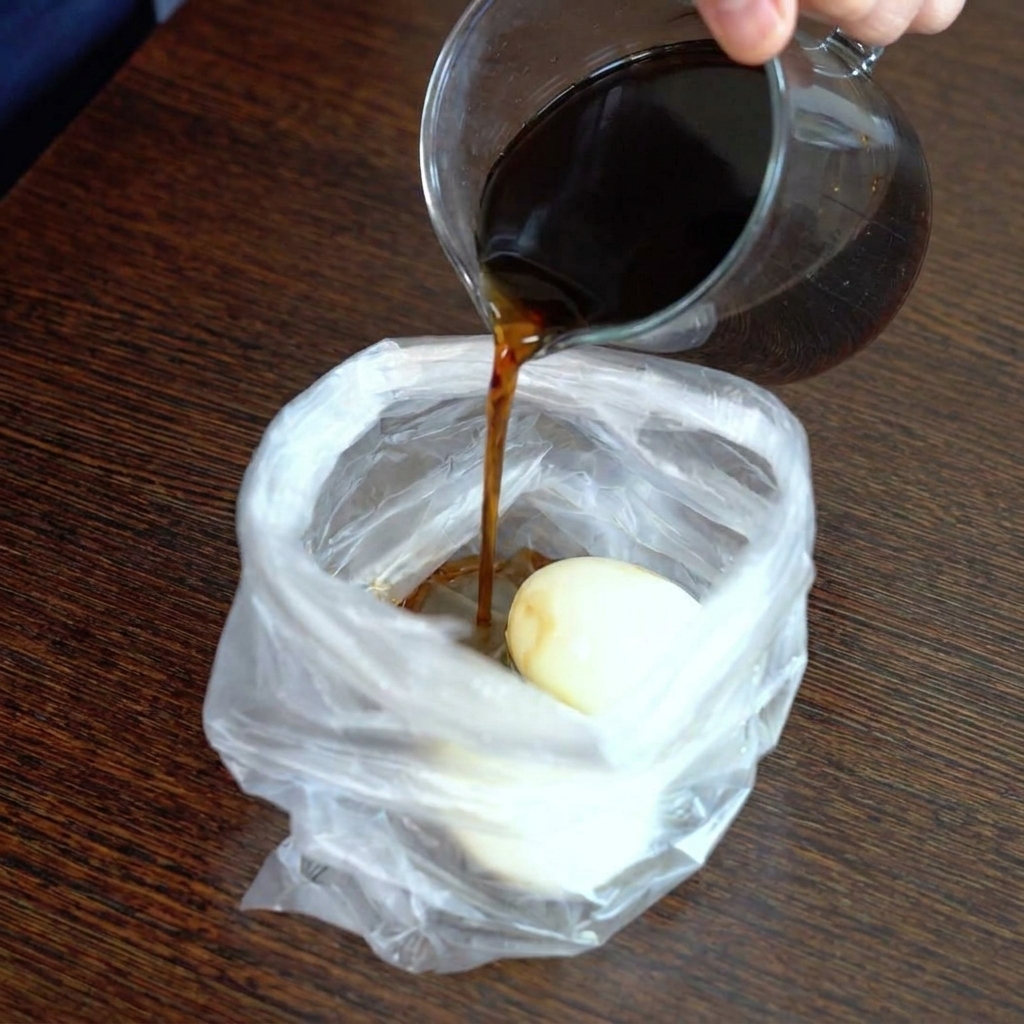 Dunkle Sojasaucen-Marinade wird in einen Plastikbeutel mit zwei geschälten Eiern gegossen.