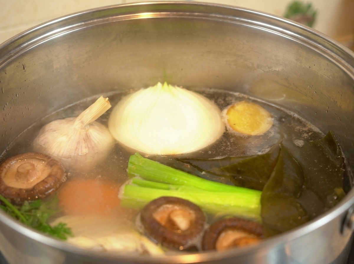 Ein Edelstahl-Topf mit einer sanft kochenden, klaren Brühe, in der Zwiebeln, Shiitake-Pilze und Lauch schwimmen.