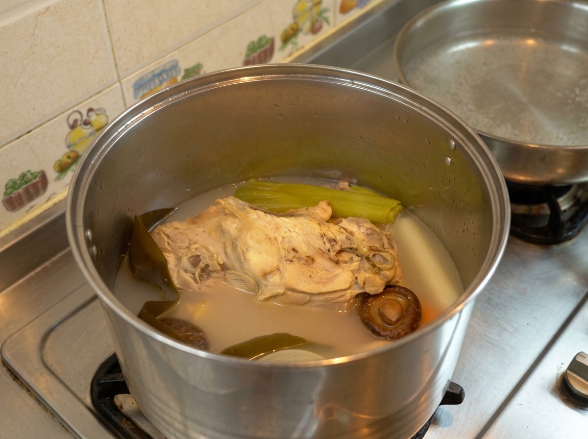 Ein großer Topf mit einer reduzierten, konzentrierten Hühnerbrühe und den ausgekochten Aromaten.