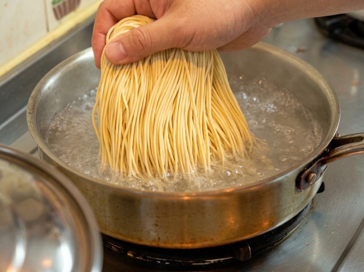 Ein Bündel frischer Ramen-Nudeln wird in einen Topf mit sprudelnd kochendem Wasser gegeben.