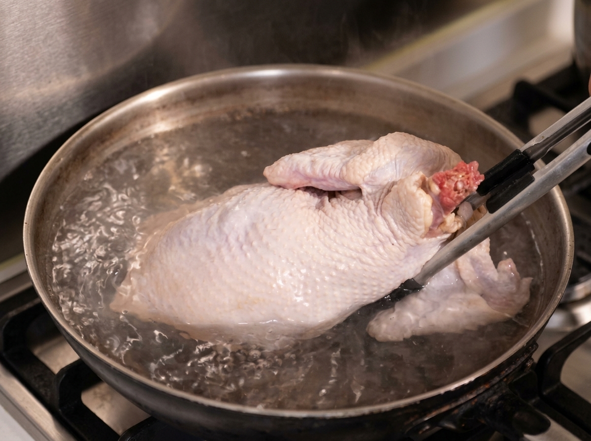 Ein ganzes rohes Huhn wird mit einer Metallzange in einen Topf mit kochendem Wasser getaucht.