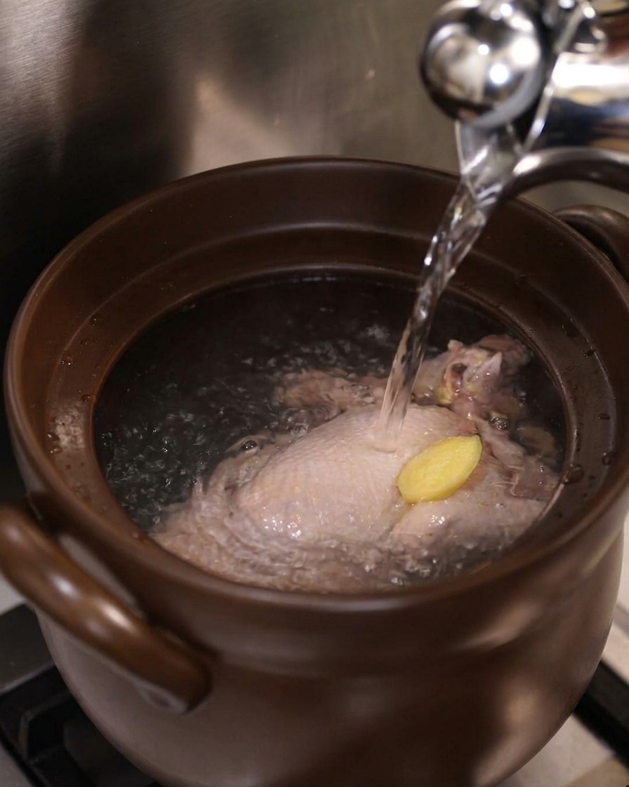 Kochendes Wasser wird aus einem silbernen Wasserkocher über ein ganzes Huhn und eine Scheibe Ingwer in einem Keramiktopf gegossen.