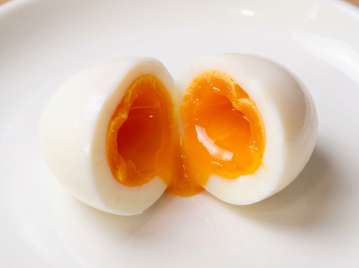 Ein perfekt gekochtes, weiches Ei ist in der Mitte durchgeschnitten und zeigt ein leuchtendes, flüssiges, orangefarbenes Eigelb.