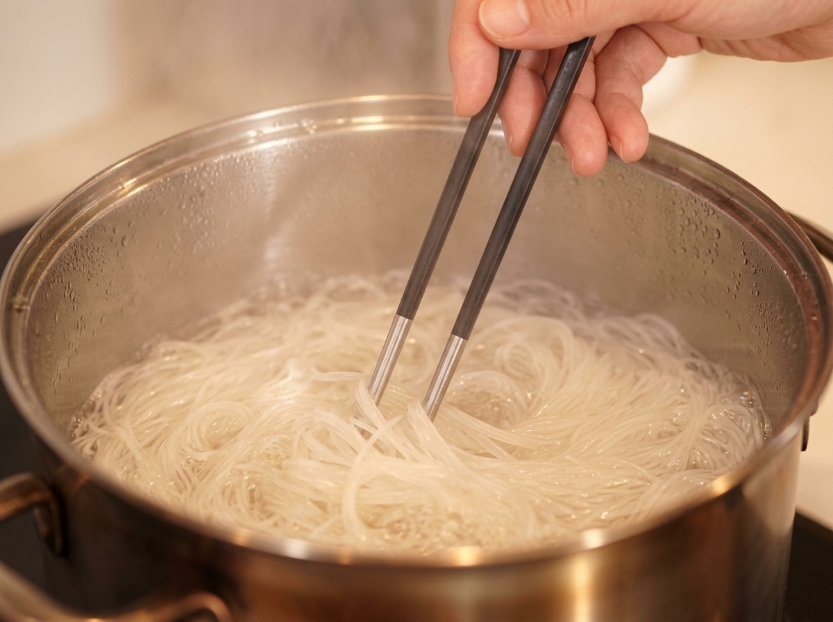Eine Hand rührt mit Stäbchen dünne, weiße Somen-Nudeln um, die in einem Topf mit kochendem Wasser garen.