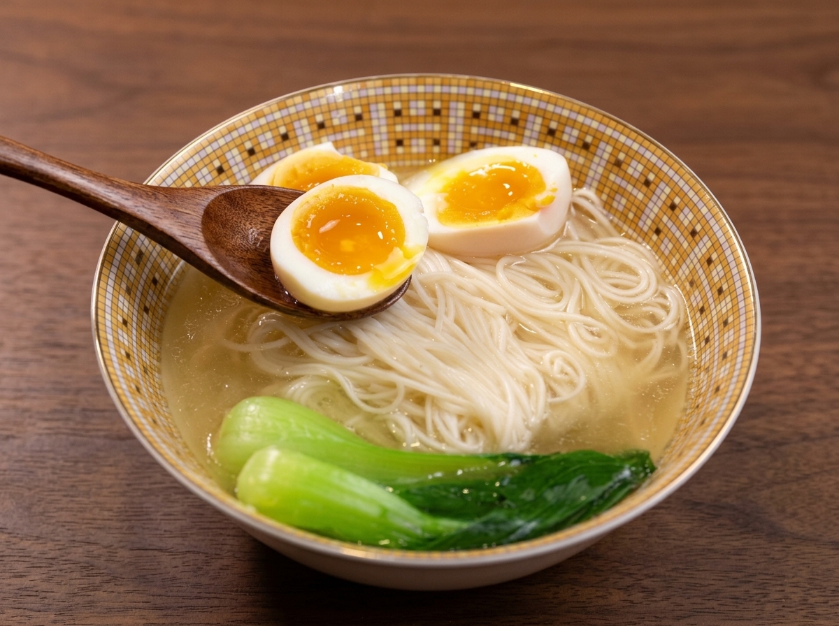 Ein Holzlöffel hält ein halbiertes, weiches Ei mit flüssigem Eigelb knapp über einer Schüssel Hühnersuppe mit Pak Choi.