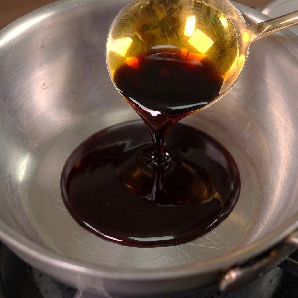 Dunkle Sojasauce und Austernsauce werden in einen kleinen Edelstahltopf gegeben.