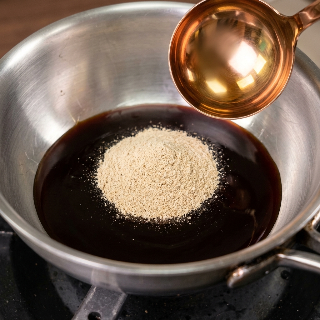 Fünf-Gewürze-Pulver und Zucker liegen in der dunklen Sauce im Topf.