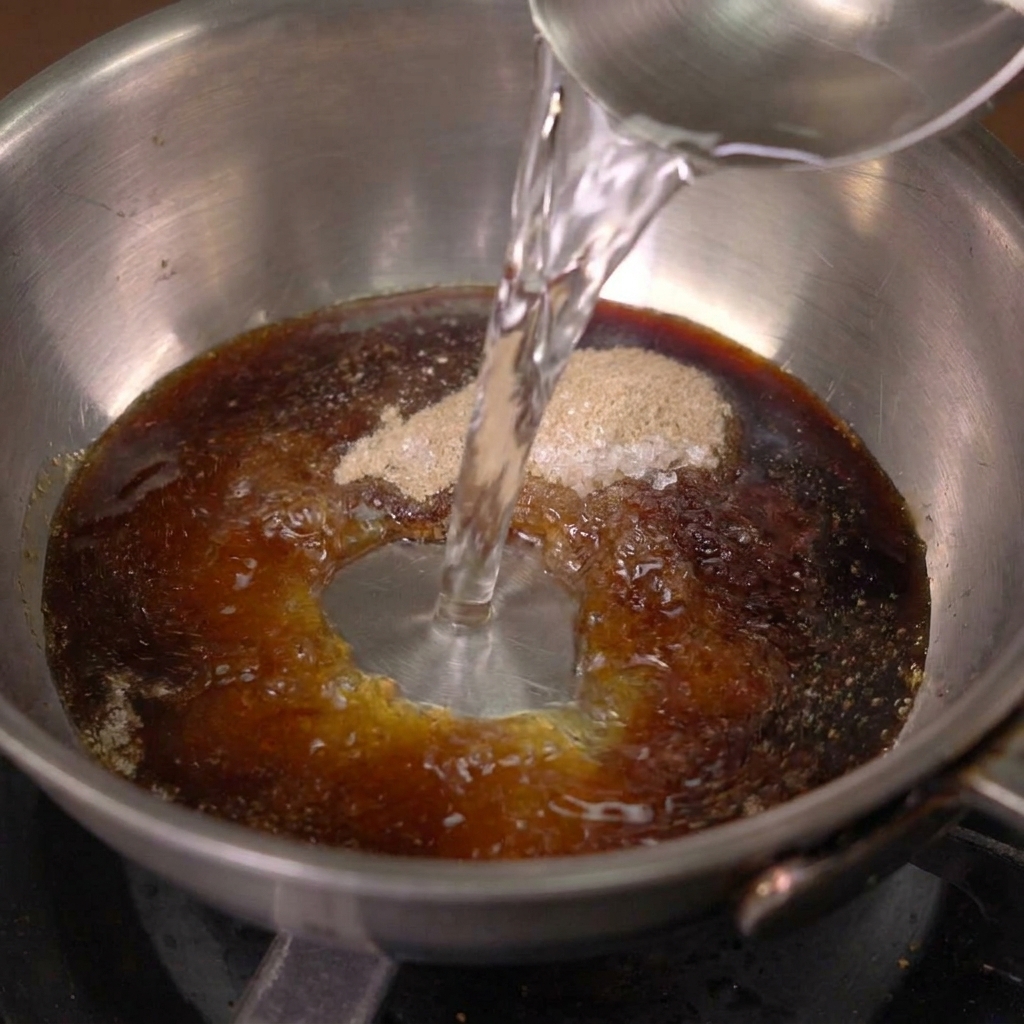 Wasser wird in den Topf mit der Saucenmischung gegossen.