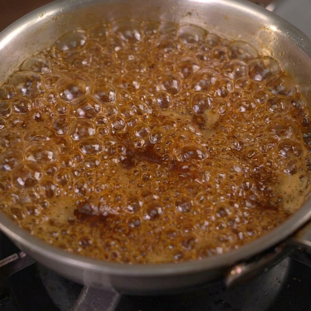 Eine dunkle, würzige Sauce kocht sprudelnd in einem Topf auf.