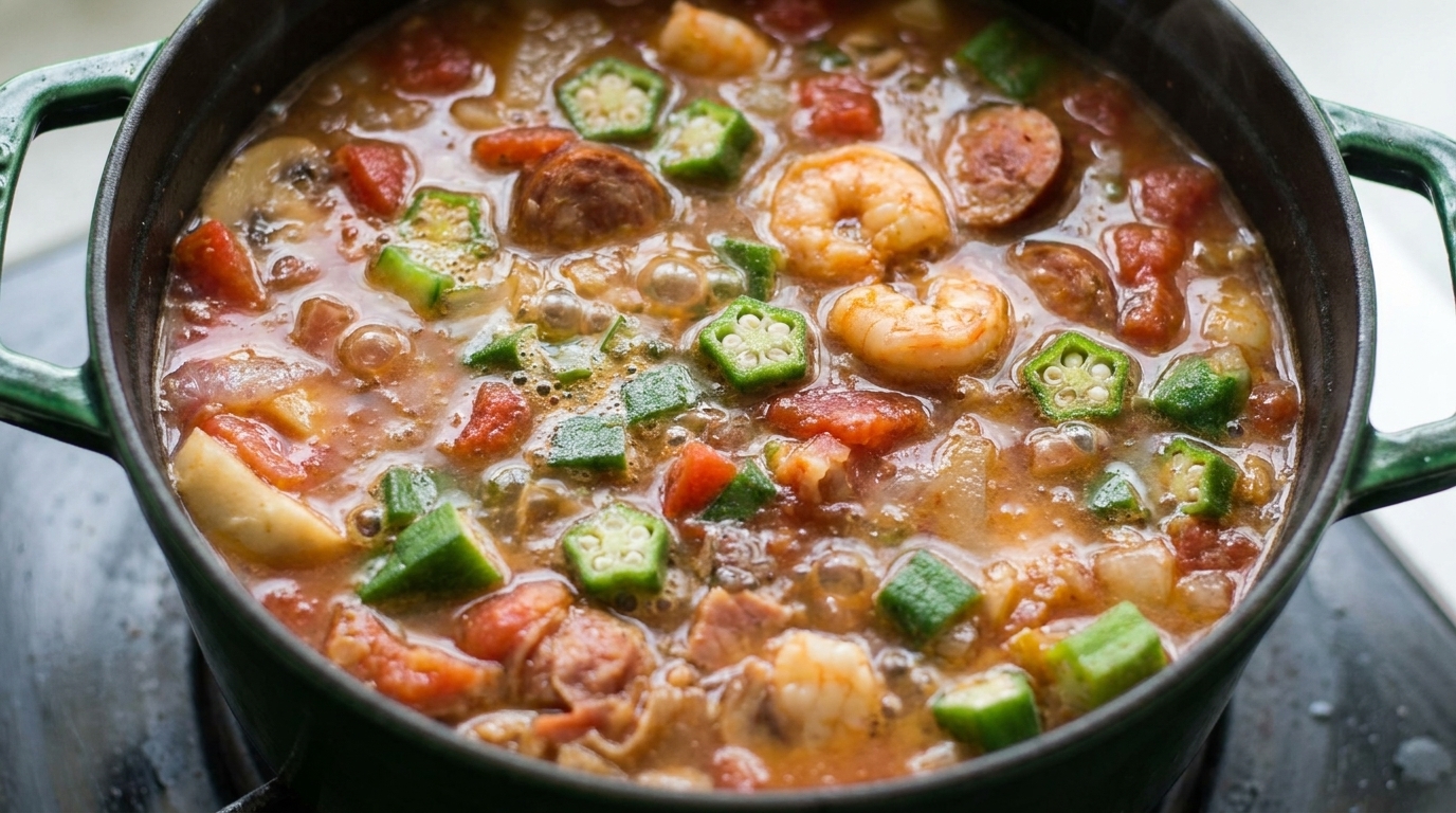 Gumbo mit Garnelen & Würstchen und Fat-Washed Bourbon