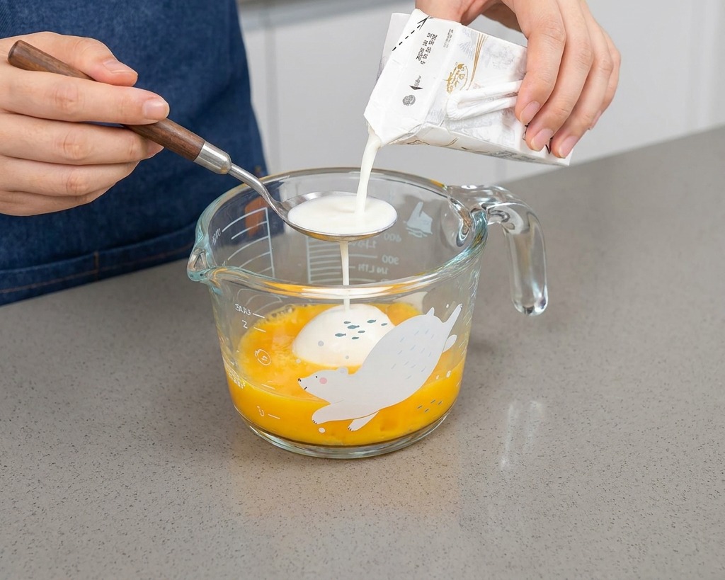 Milch wird aus einem kleinen Karton über einen Löffel in den Messbecher mit den rohen Eiern gegossen.