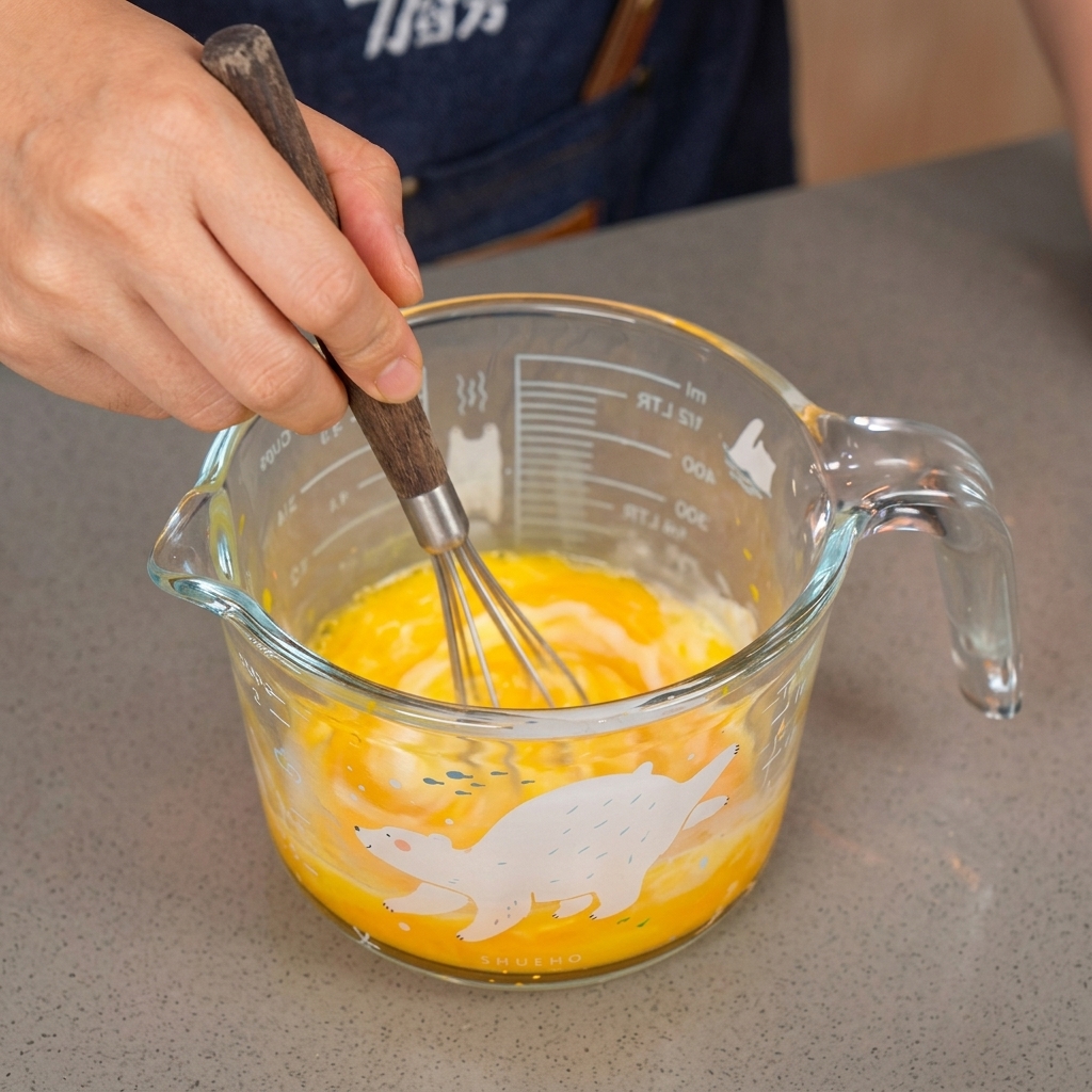 Eine Hand verquirlt kräftig leuchtend gelbe Eier und Milch mit einem kleinen Schneebesen in einem gläsernen Messbecher.