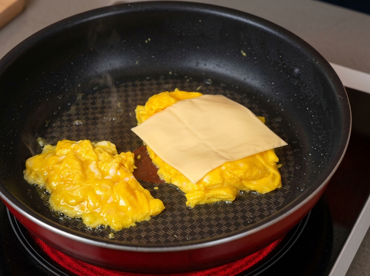 Eine quadratische Scheibe hellgelber Käse liegt auf dem weichen Rührei in der heißen Pfanne.