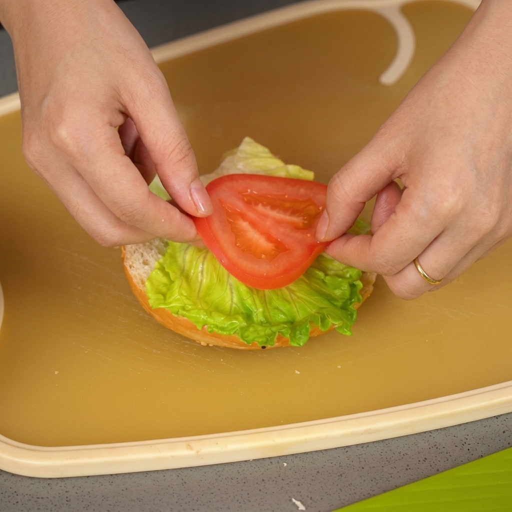 Eine Person legt eine runde Scheibe einer reifen, roten Tomate auf ein Salatblatt auf einem Burgerbrötchen.