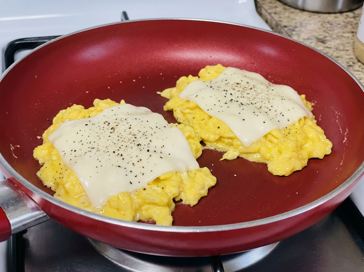 Nahaufnahme von zwei Portionen Rührei mit geschmolzenem Käse und einer Prise schwarzem Pfeffer in einer roten Bratpfanne.