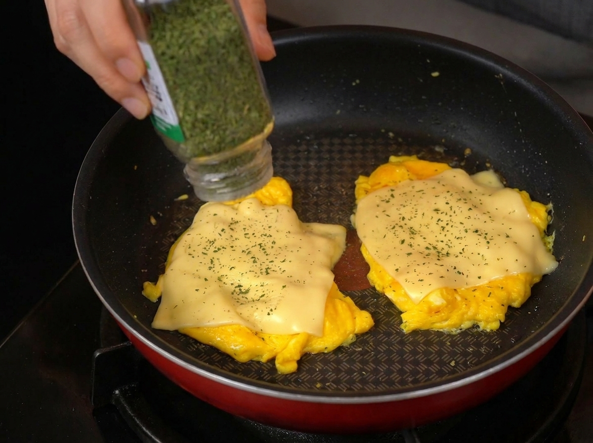 Getrocknete grüne Kräuter werden aus einem Gewürzglas über zwei Portionen Rührei mit geschmolzenem Käse in einer beschichteten Pfanne gestreut.