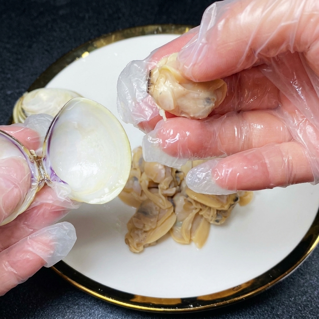 Hände mit Handschuhen lösen Muschelfleisch aus den Schalen auf einen Teller.