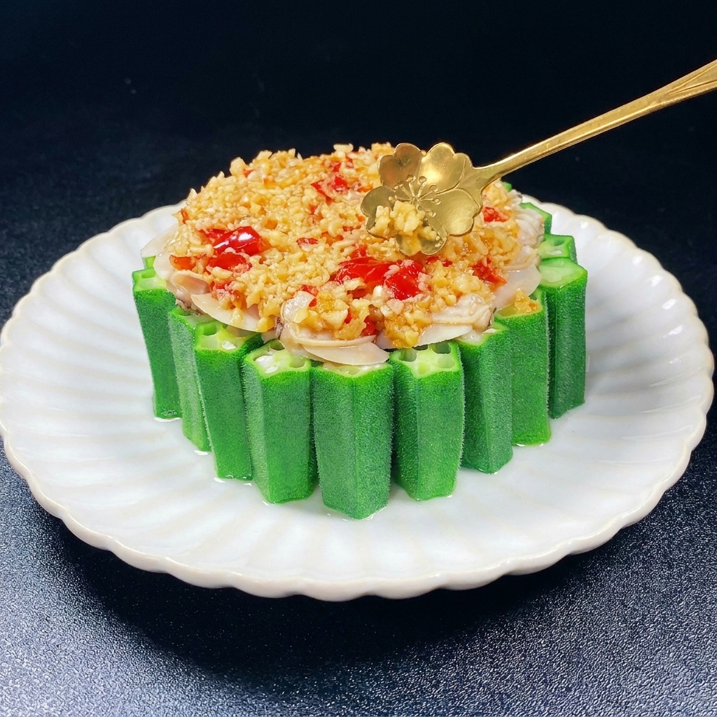 Ein goldener Löffel gibt Knoblauch und Chili über das Muschelfleisch in der Mitte des Okra-Rings.