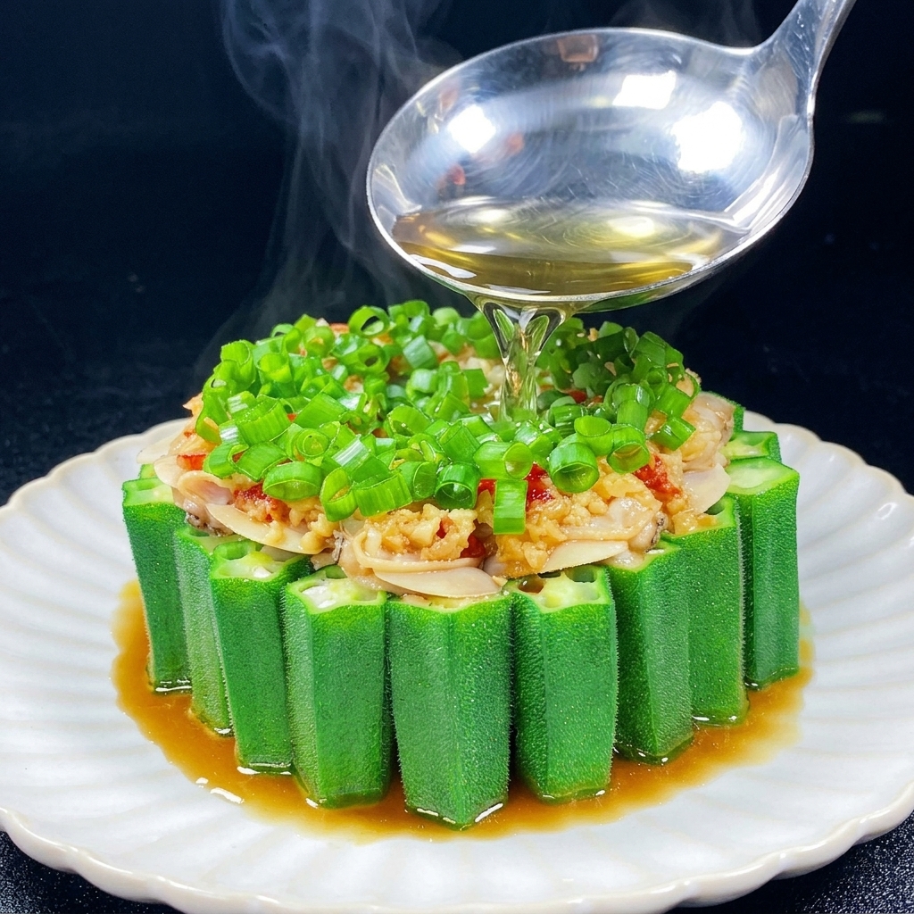 Heißes Öl wird aus einer Kelle über Okra, Muscheln und Aromaten gegossen, Dampf steigt auf.