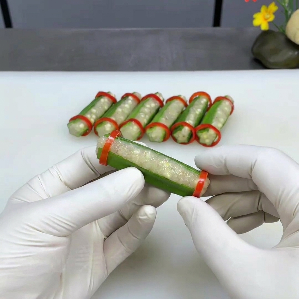 Hände schieben vorsichtig rote Chiliringe auf die mit Garnelenpaste gefüllten Okraschoten.