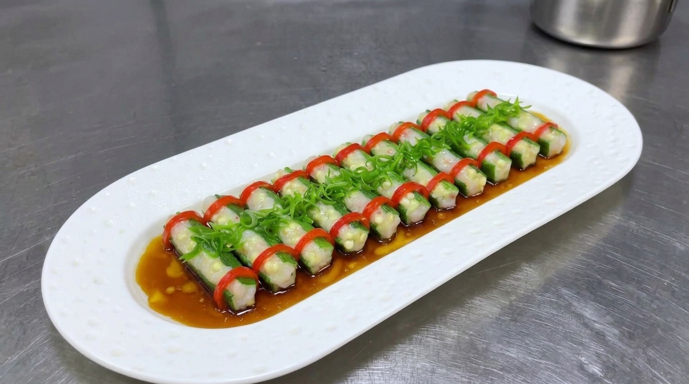 Gedämpfte gefüllte Okra mit Garnelenpaste