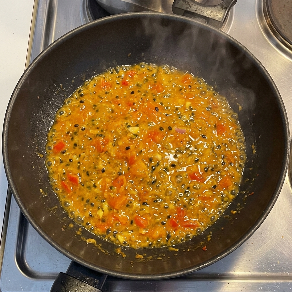 Tomatenbasis köchelt mit dunklen Passionsfruchtkernen in einem Wok.
