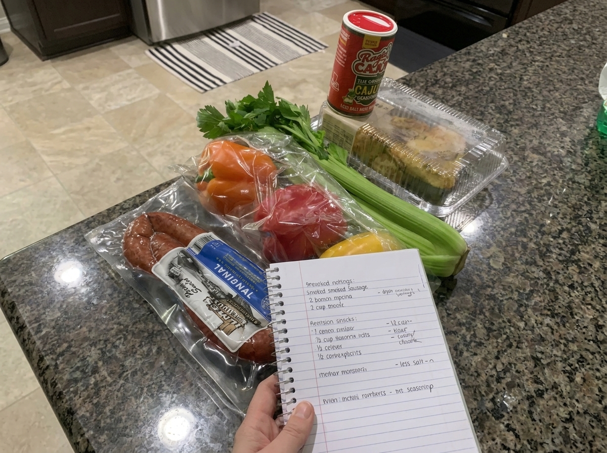 Zutaten für Gumbo wie Sellerie, Paprika und geräucherte Wurst auf einer Küchentheke neben einem Rezeptbuch.
