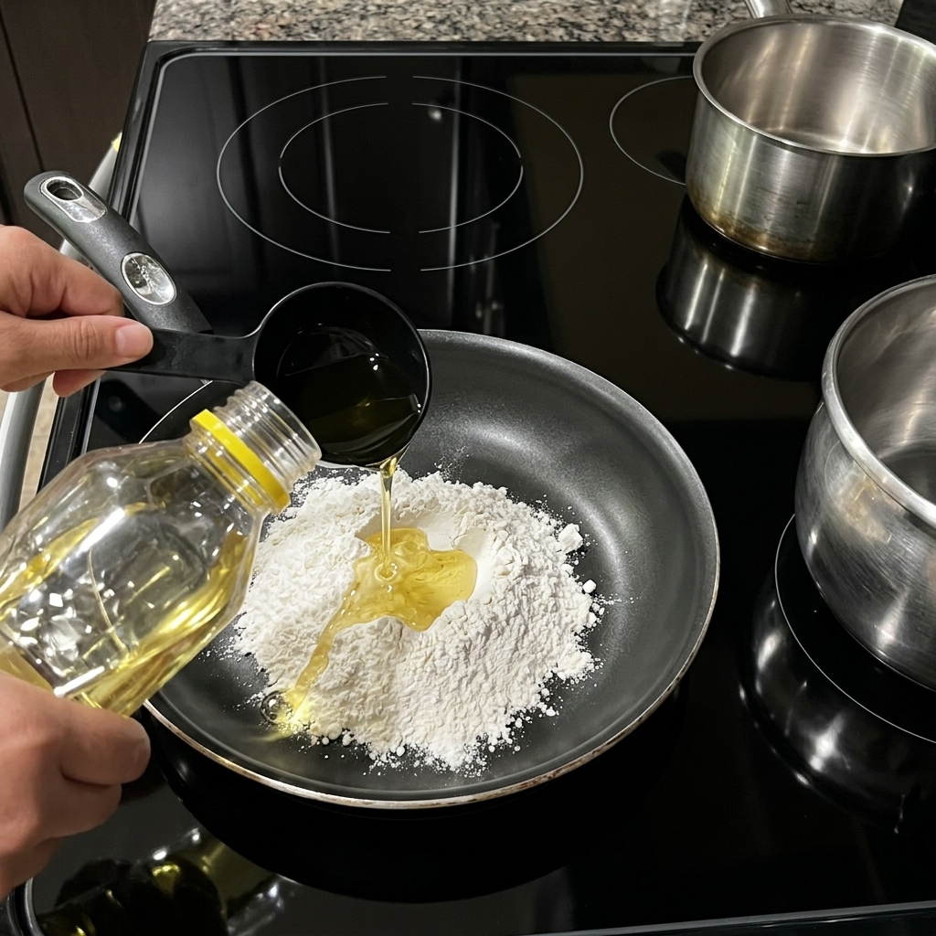 Pflanzenöl wird aus einer Flasche in eine Pfanne mit weißem Mehl gegossen, um eine Mehlschwitze herzustellen.