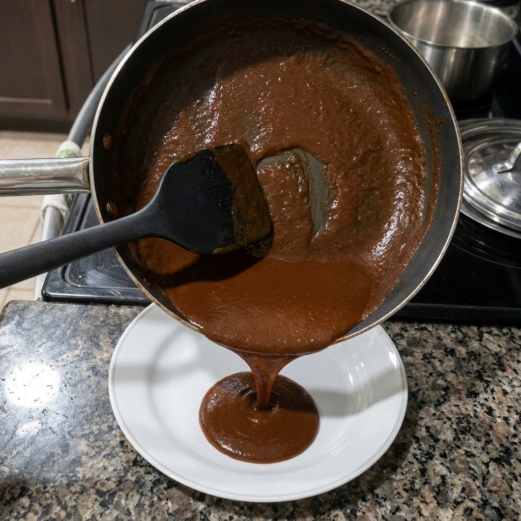 Eine dicke, schokoladenfarbene Mehlschwitze wird mit einem Spatel aus der Pfanne auf einen Teller gestrichen.