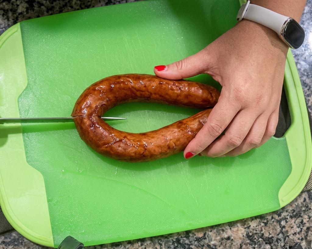Eine Hand schneidet eine geräucherte Wurst auf einem grünen Schneidebrett in dünne Scheiben.