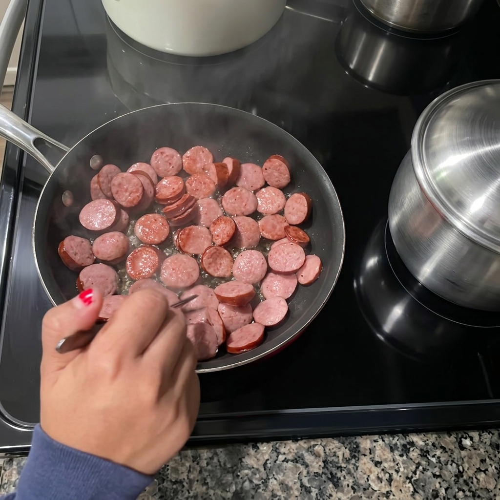 Wurstscheiben werden mit einer Gabel in einer Pfanne gewendet und goldbraun gebraten.