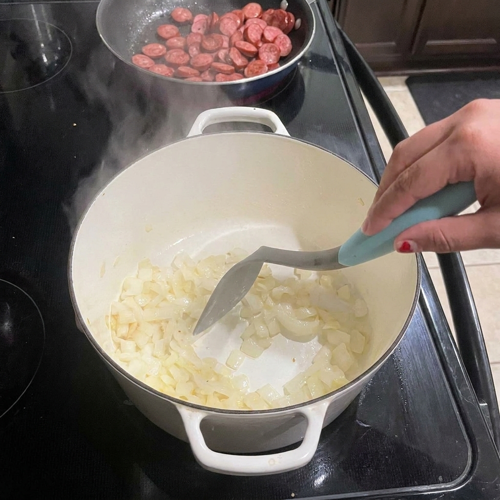 Zwiebelwürfel werden in einem großen weißen Topf auf dem Herd mit einem Spatel umgerührt.