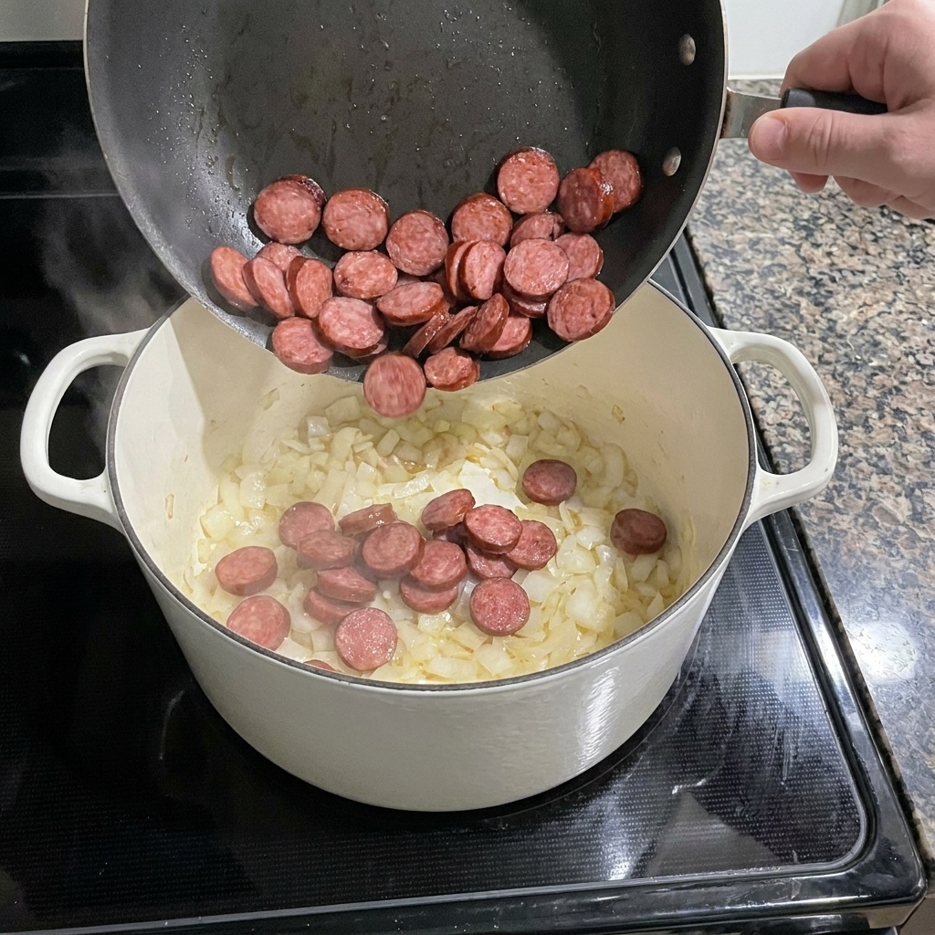 Gebratene Wurstscheiben werden aus einer Pfanne in einen Topf mit gedünsteten Zwiebeln gegeben.